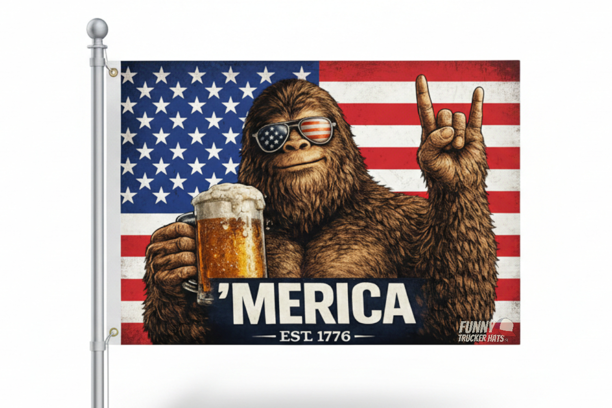 'Merica Bigfoot American Flag | Funny Patriotic Flag | Single or Double Sided | 3x5 & 12x18 Golf Cart Flag