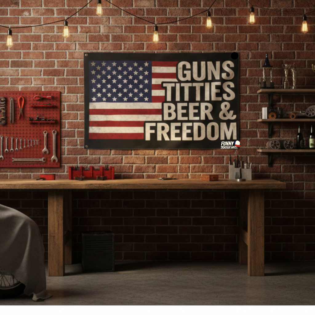 Guns Titties Beer Freedom American Flag 3x5 Wall Decor Banner