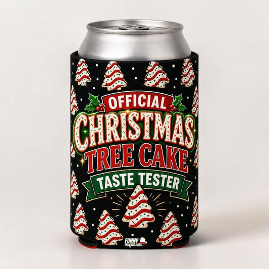 A silver aluminum can inside a black Christmas-themed can cooler sleeve. The sleeve features festive graphics including red and white striped candy canes, green holly leaves, and the text 'OFFICIAL CHRISTMAS TREE CAKE TASTE TESTER' in red, white, and green lettering.