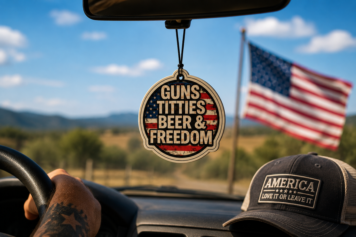 Guns Titties Beer & Freedom Car Air Freshener – Outlaw Cologne | Funny Patriotic Gift | BC Fresh Co.