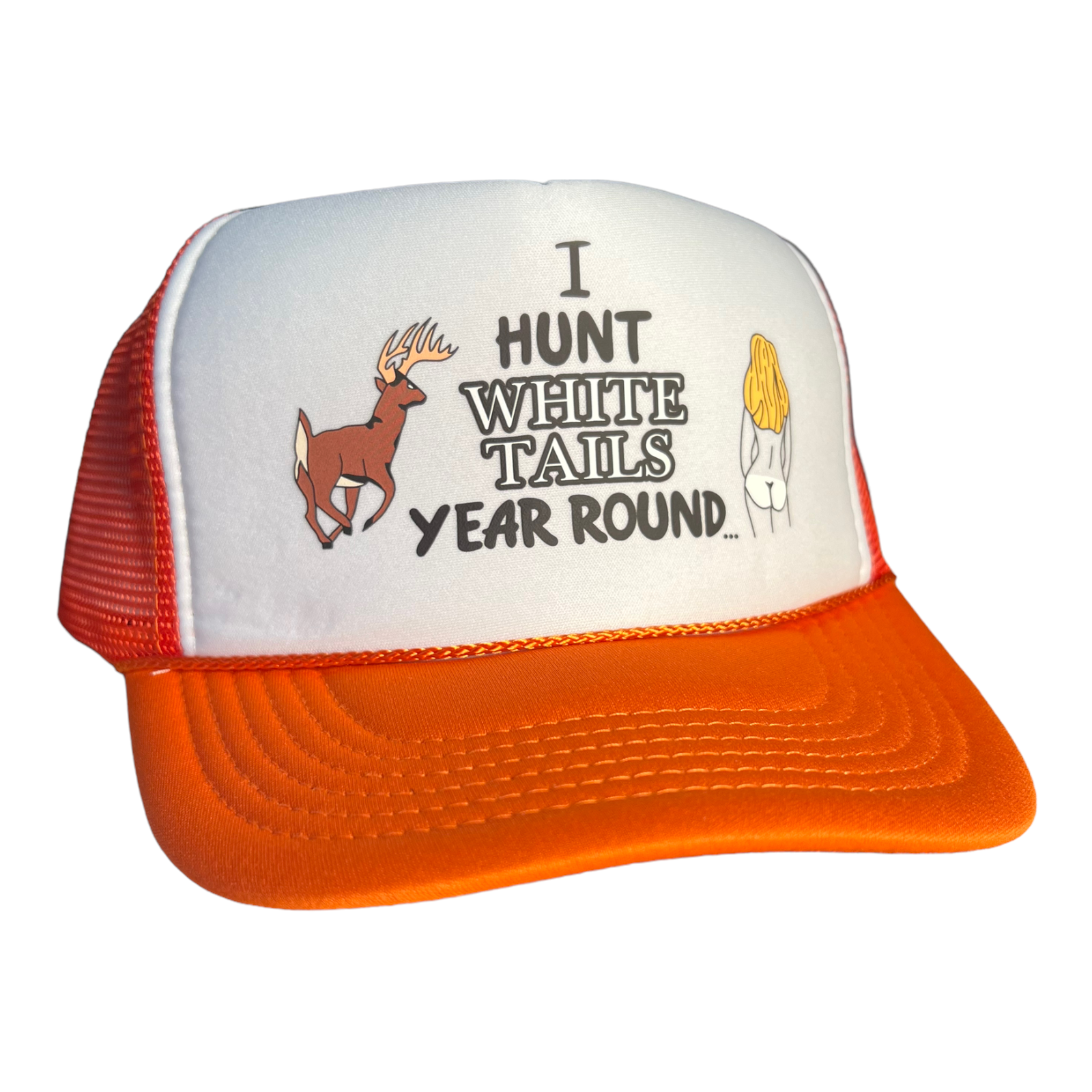 I Hunt White Tails Year Round Trucker Hat Funny Trucker Hat Orange / W –  FunnyTruckerHats