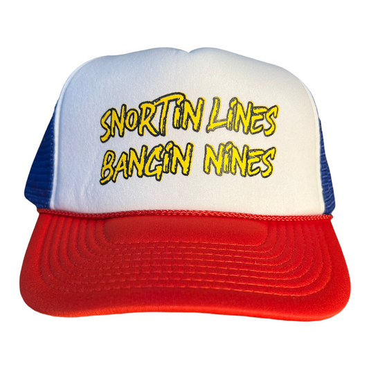 Snortin Lines Bangin Nines Trucker Hat Funny Trucker Hat Red/White/Blue  no