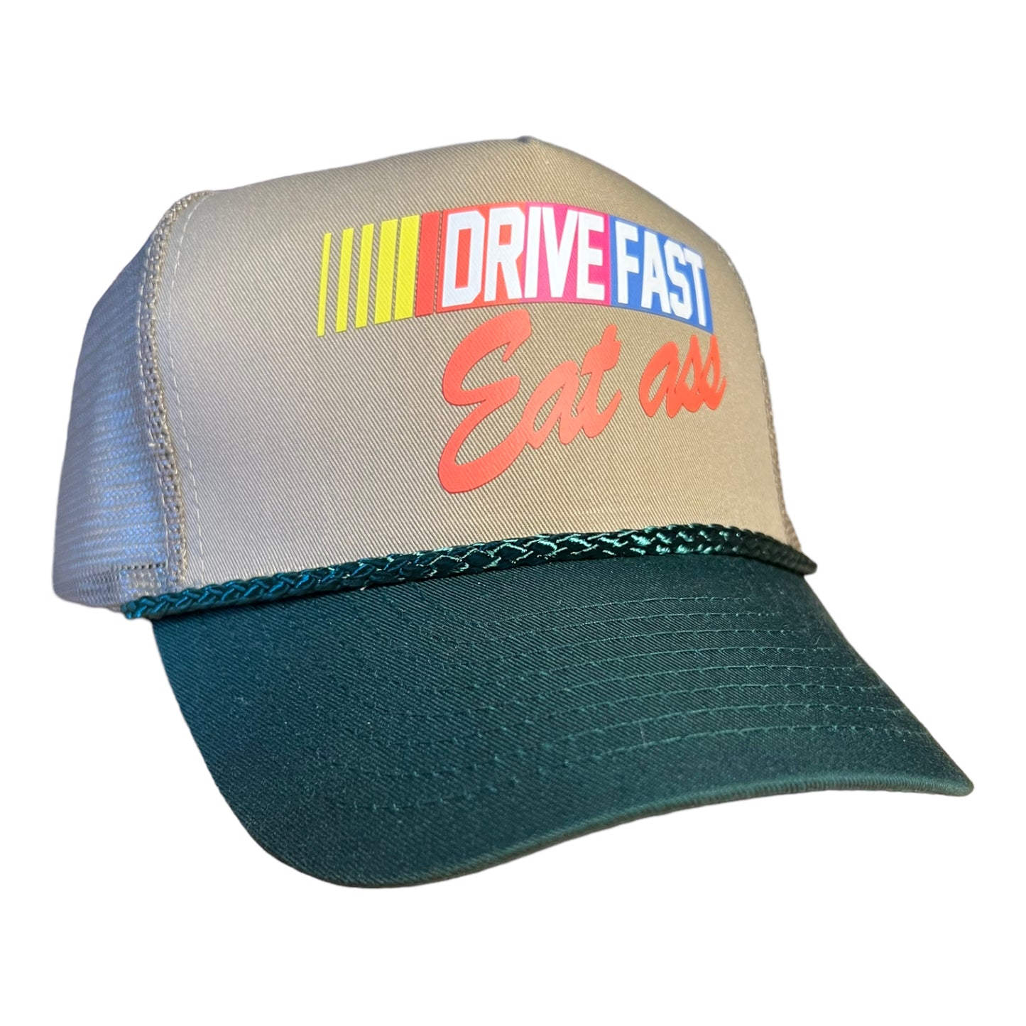 Drive Fast Eat Ass Trucker Hat Funny Trucker Hat Green/Beige