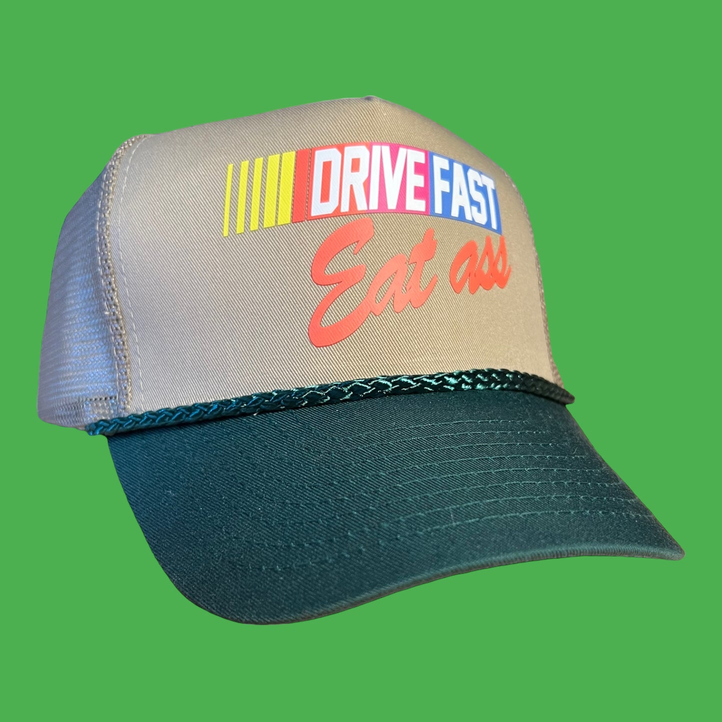 Drive Fast Eat Ass Trucker Hat Funny Trucker Hat Green/Beige