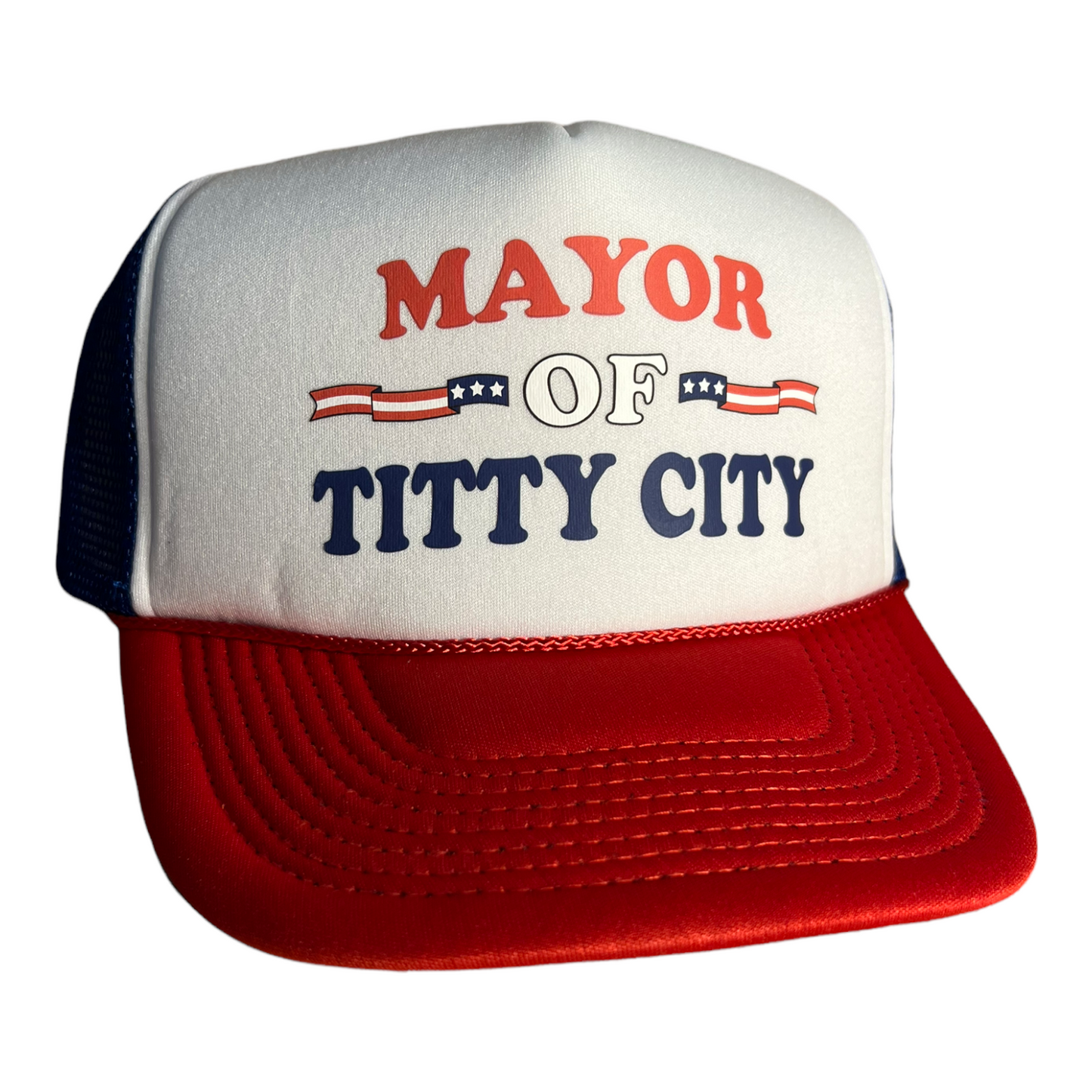 Mayor Of Titty City Hat Trucker Hat Funny Trucker Hat Red/White/Blue