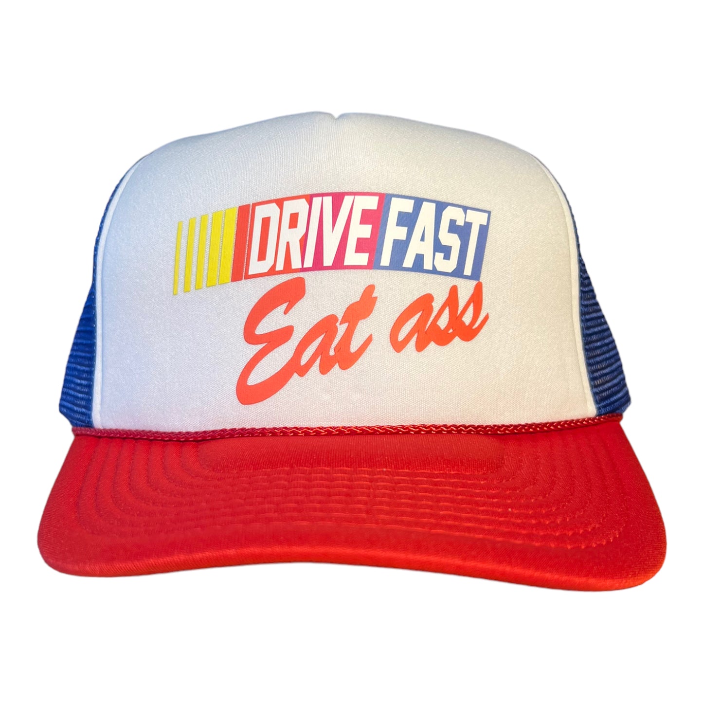 Drive Fast Eat Ass Trucker Hat Funny Trucker Hat Red/White/Blue
