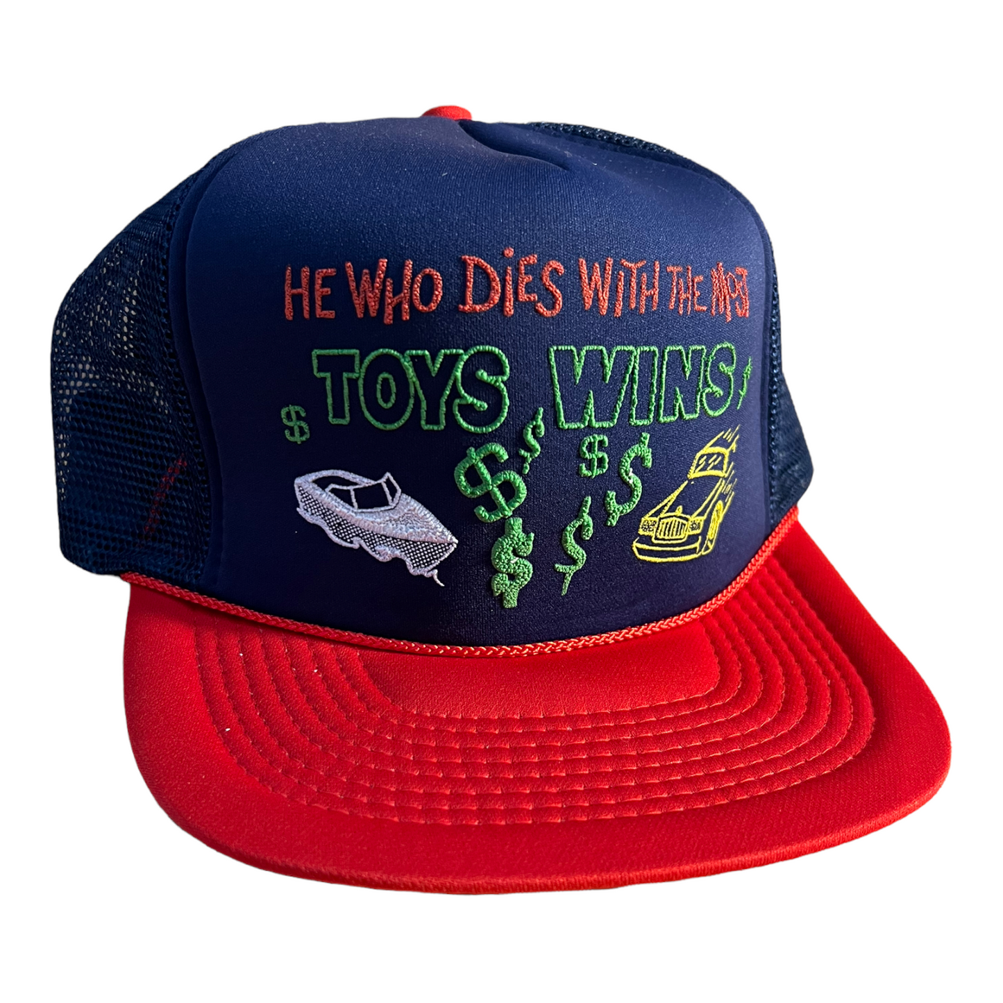 Vintage He Who Dies With The Most Toys Wins Trucker Hat Funny Hat