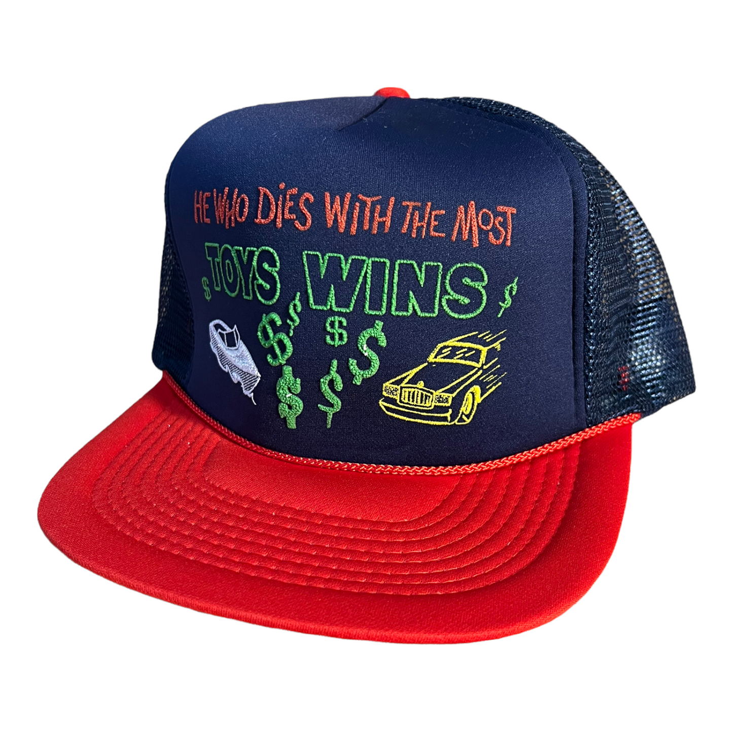 Vintage He Who Dies With The Most Toys Wins Trucker Hat Funny Hat