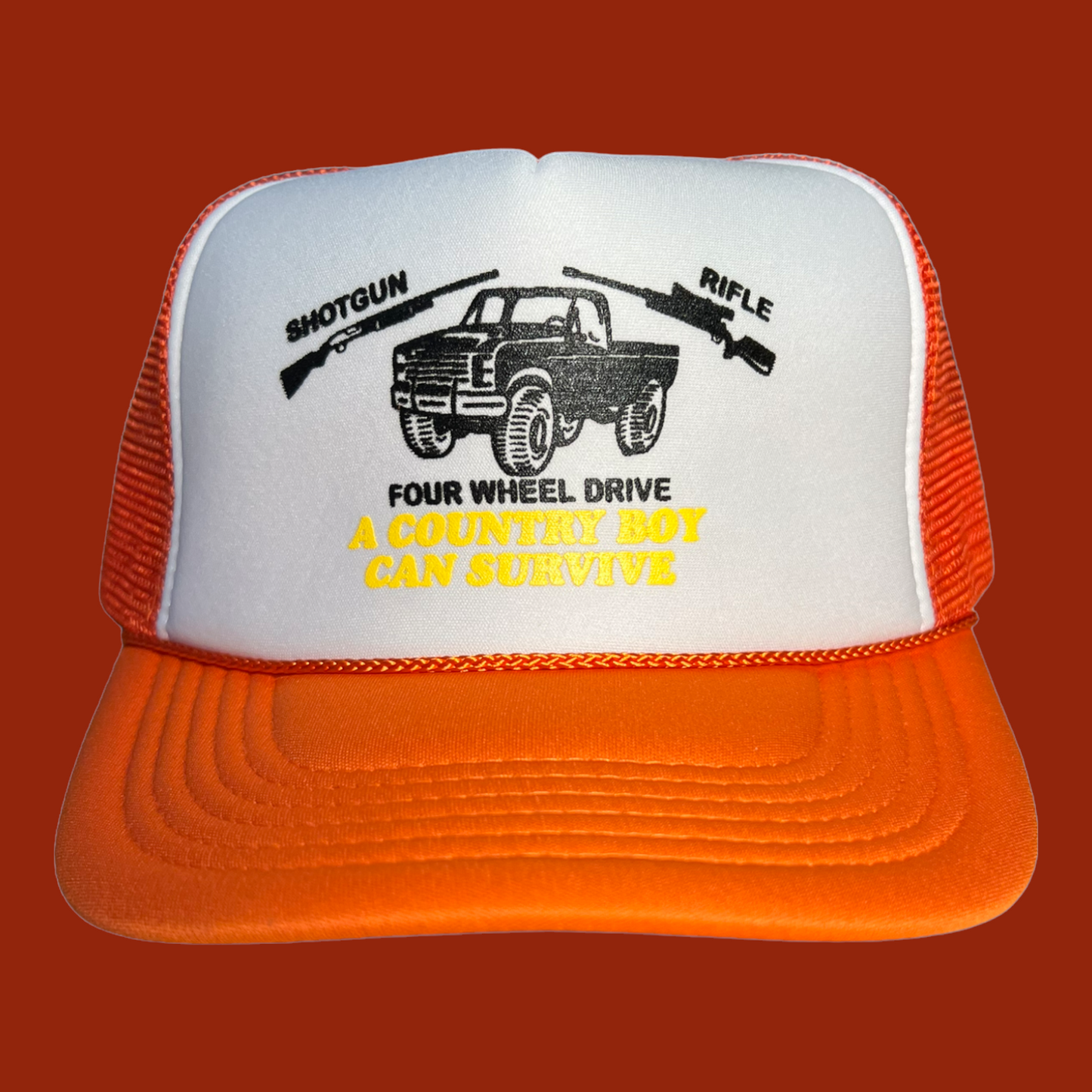 Country Boy Can Survive Trucker Hat Funny Trucker Hat Orange/White